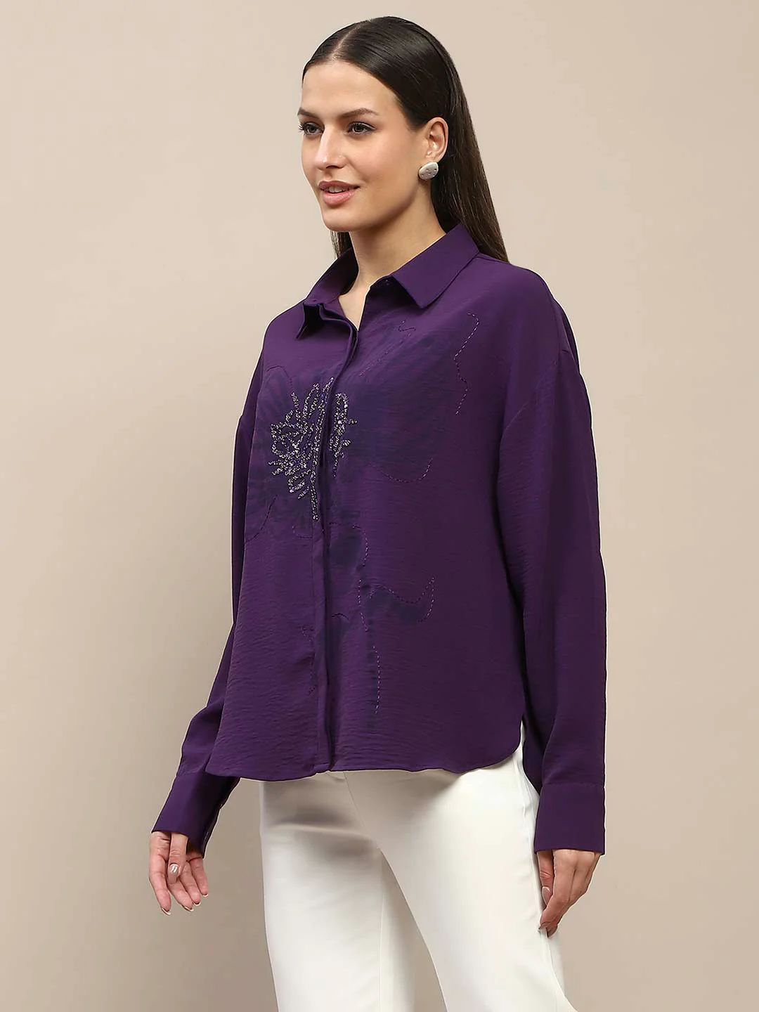 Madame Purple Print Sequin Embellished Shirt - Image 5