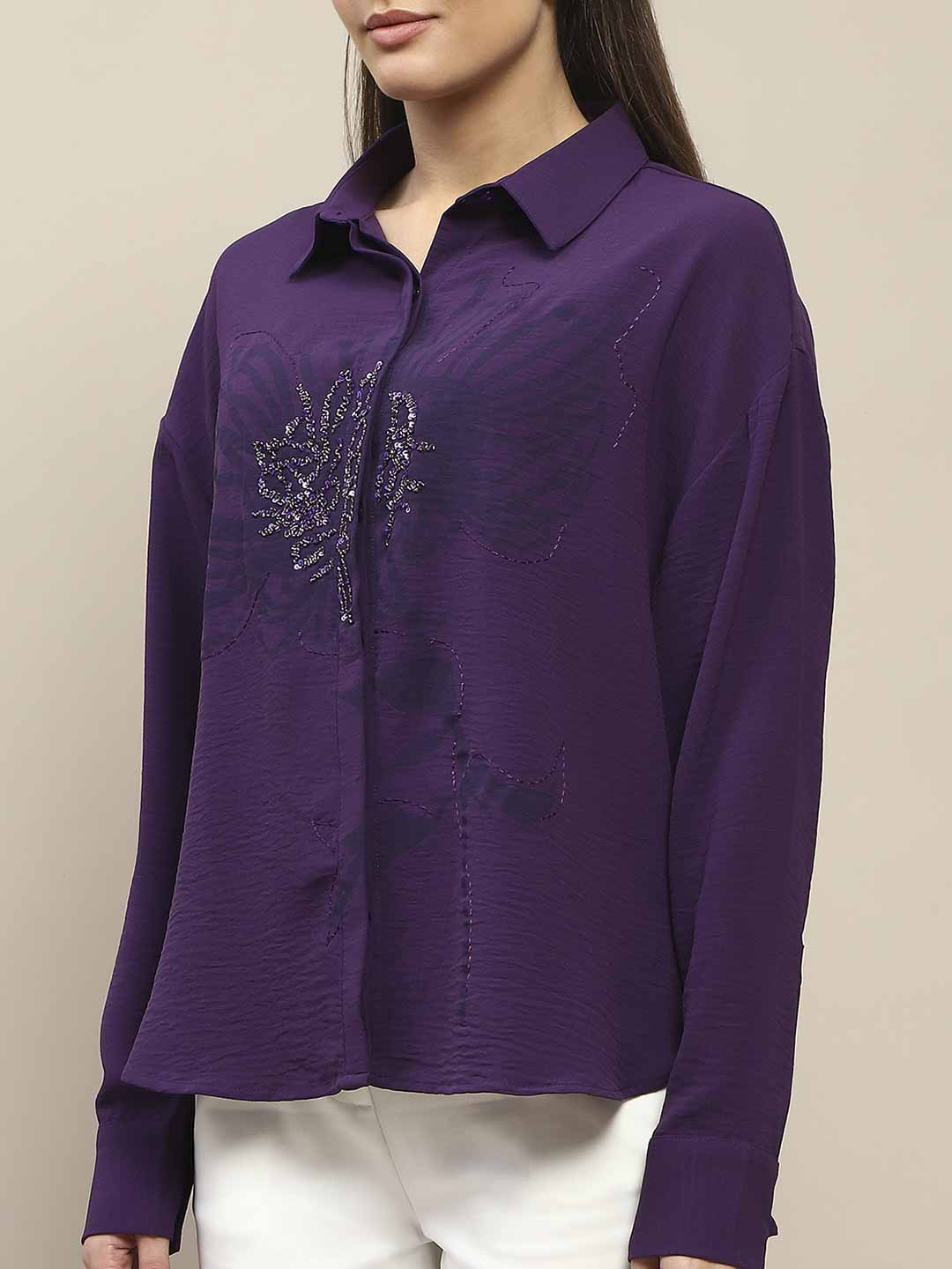 Madame Purple Print Sequin Embellished Shirt - Image 7