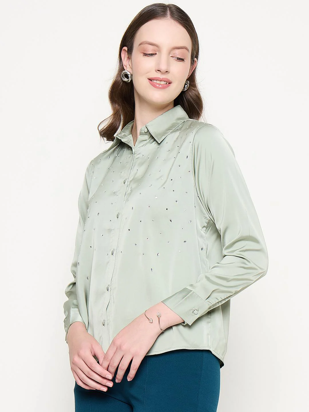 Madame Embellished Shirt Collar Solid Green Shirt - Image 5