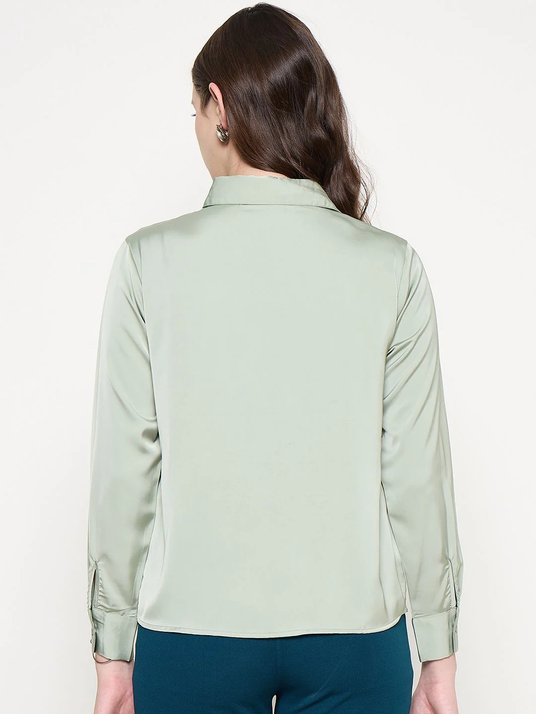 Madame Embellished Shirt Collar Solid Green Shirt - Image 6