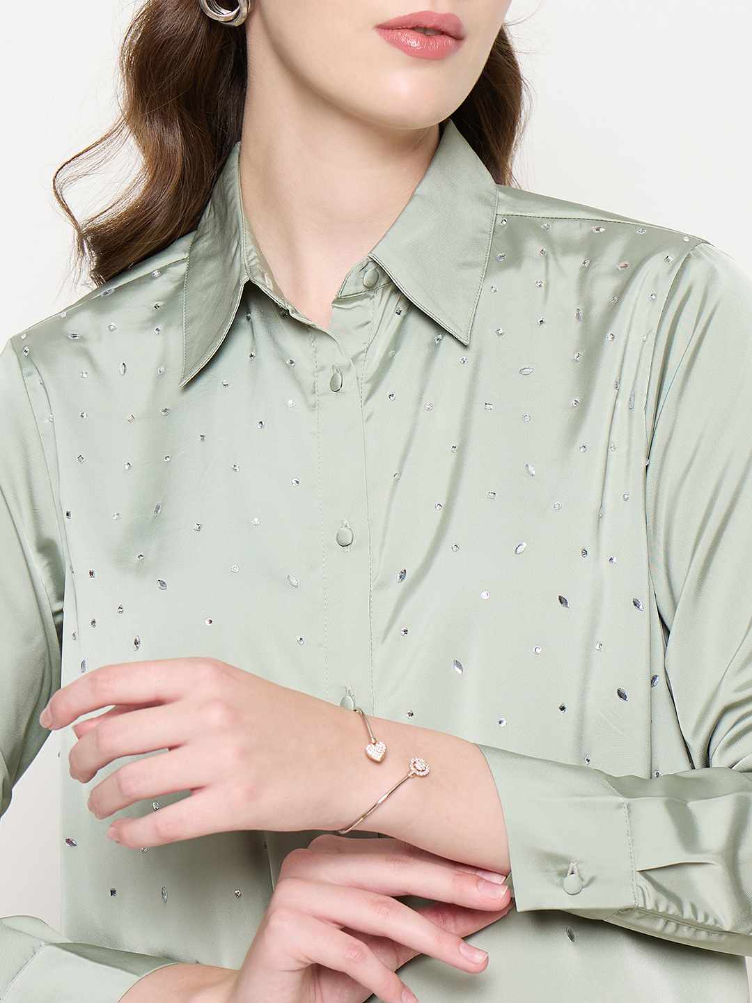 Madame Embellished Shirt Collar Solid Green Shirt - Image 7