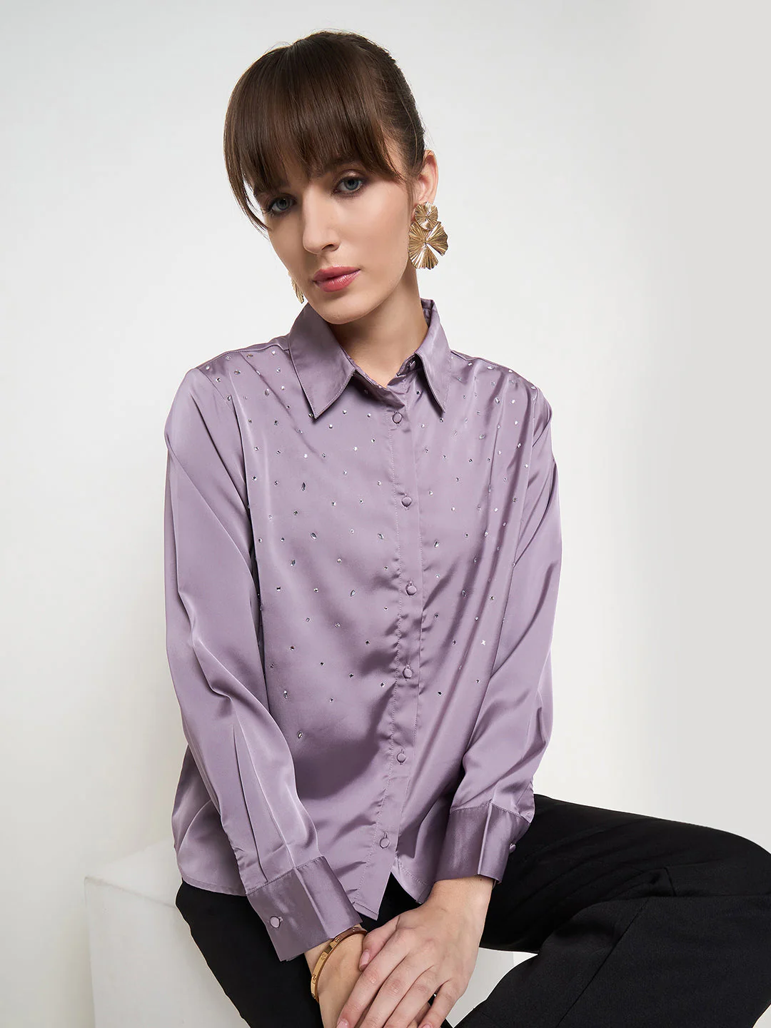 Madame Embellished Shirt Collar Solid Purple Shirt
