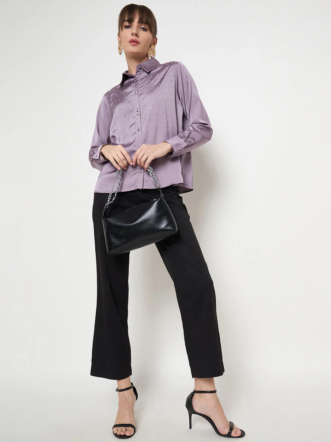 Madame Embellished Shirt Collar Solid Purple Shirt - Image 2