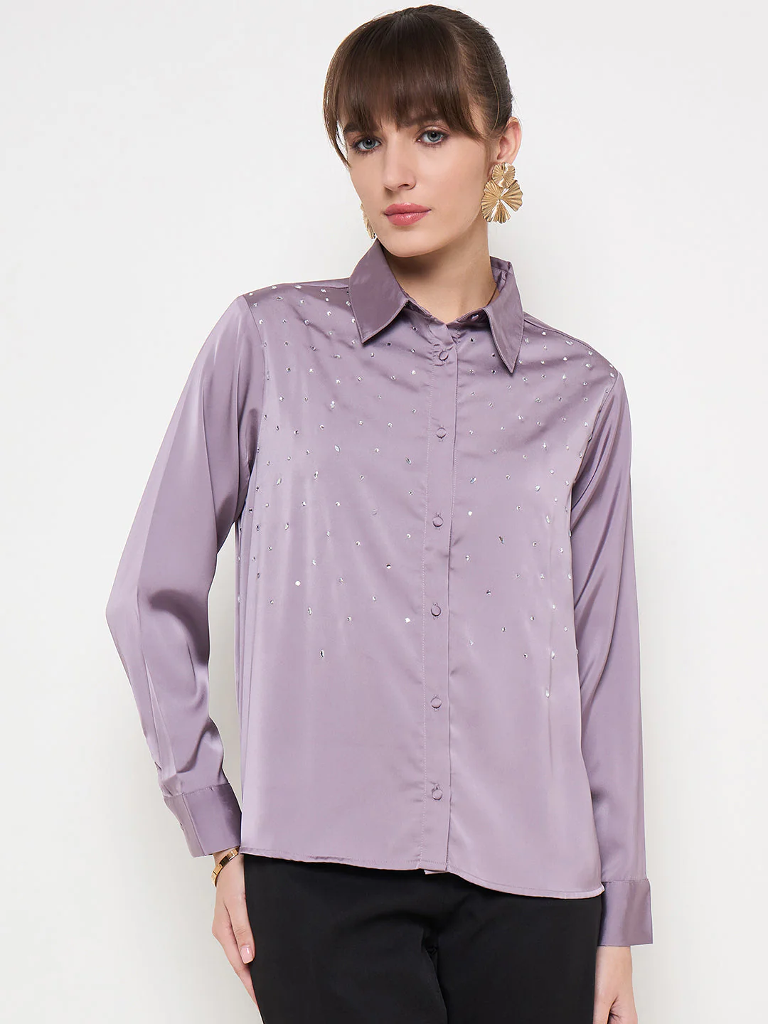 Madame Embellished Shirt Collar Solid Purple Shirt - Image 3