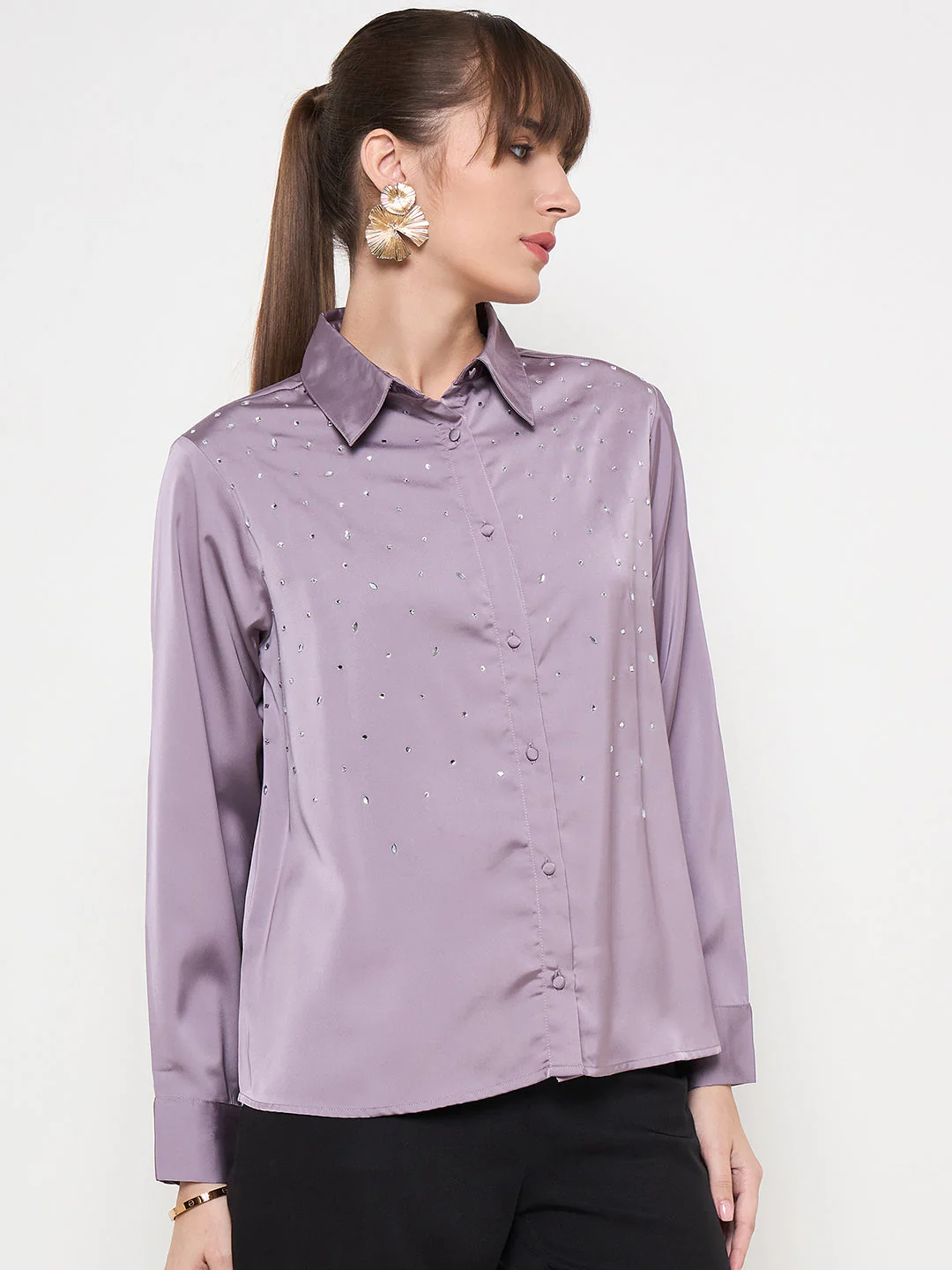 Madame Embellished Shirt Collar Solid Purple Shirt - Image 4