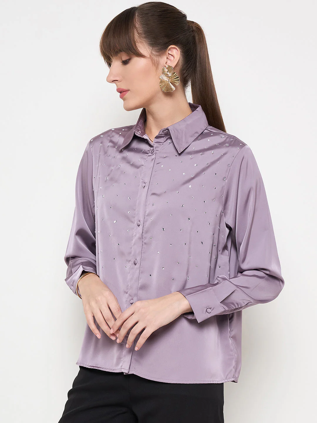 Madame Embellished Shirt Collar Solid Purple Shirt - Image 5