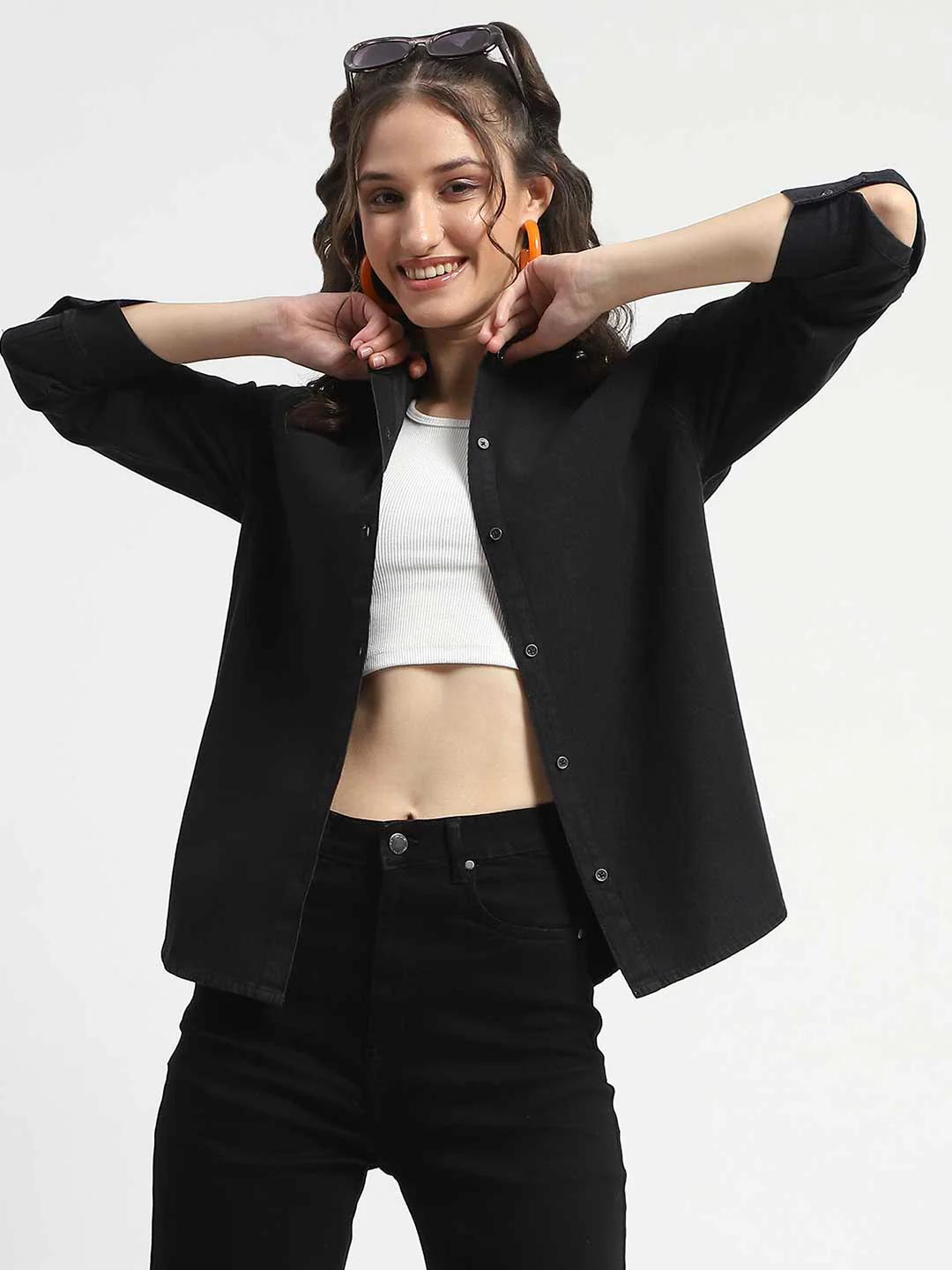 Madame Grey Wash Solid Black Button Down Denim Shirt - Image 2