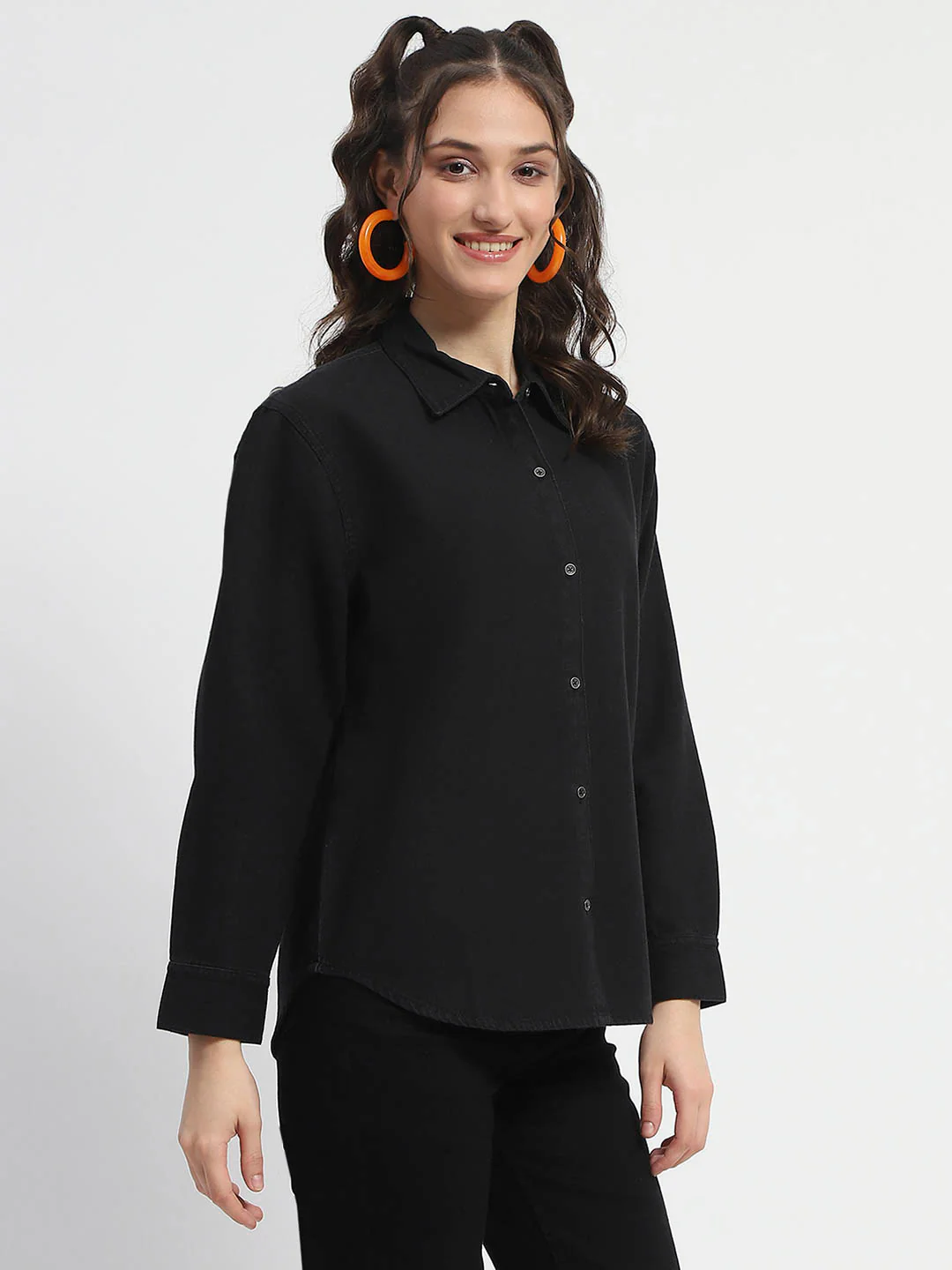 Madame Grey Wash Solid Black Button Down Denim Shirt - Image 4