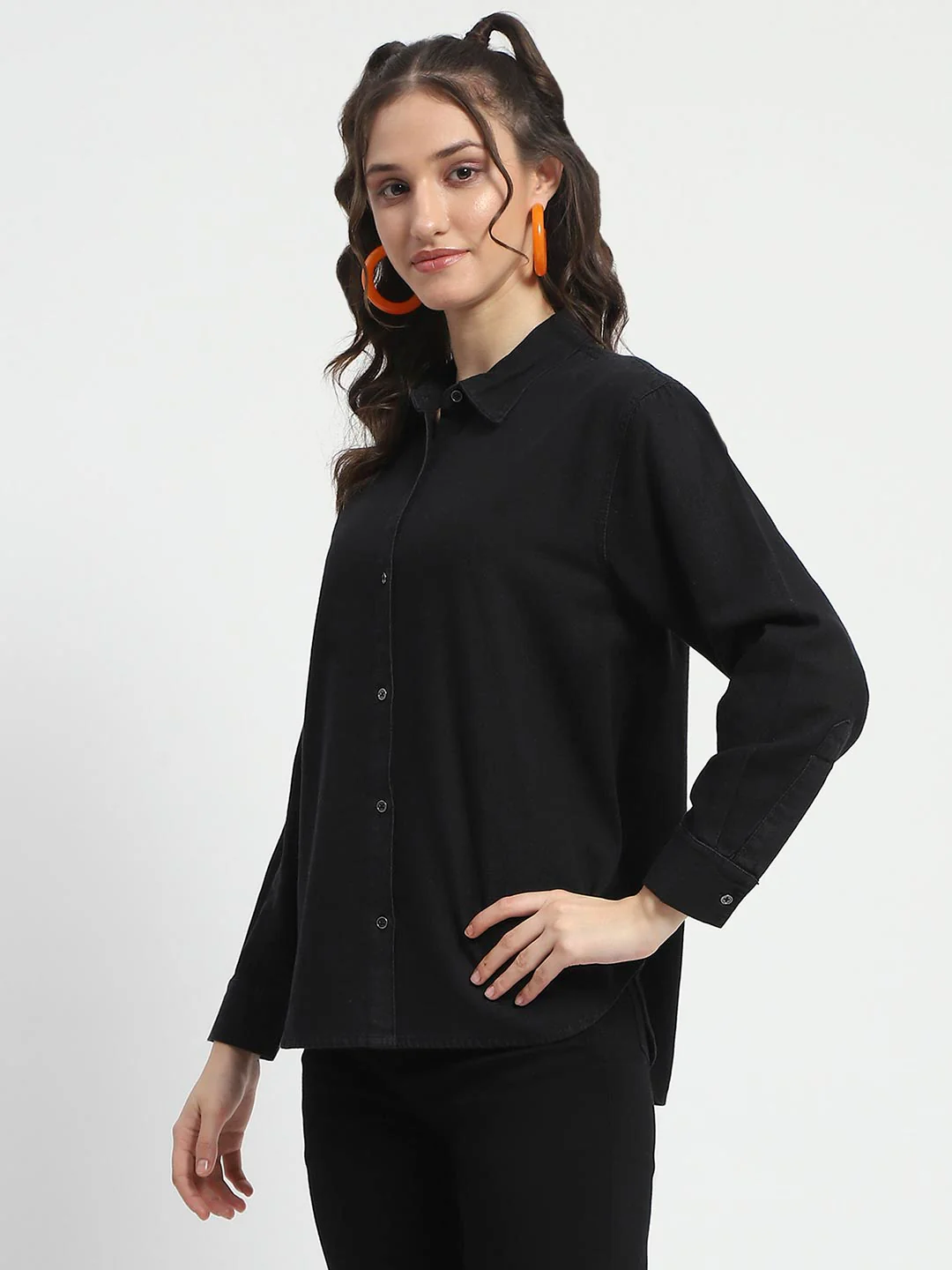 Madame Grey Wash Solid Black Button Down Denim Shirt - Image 5
