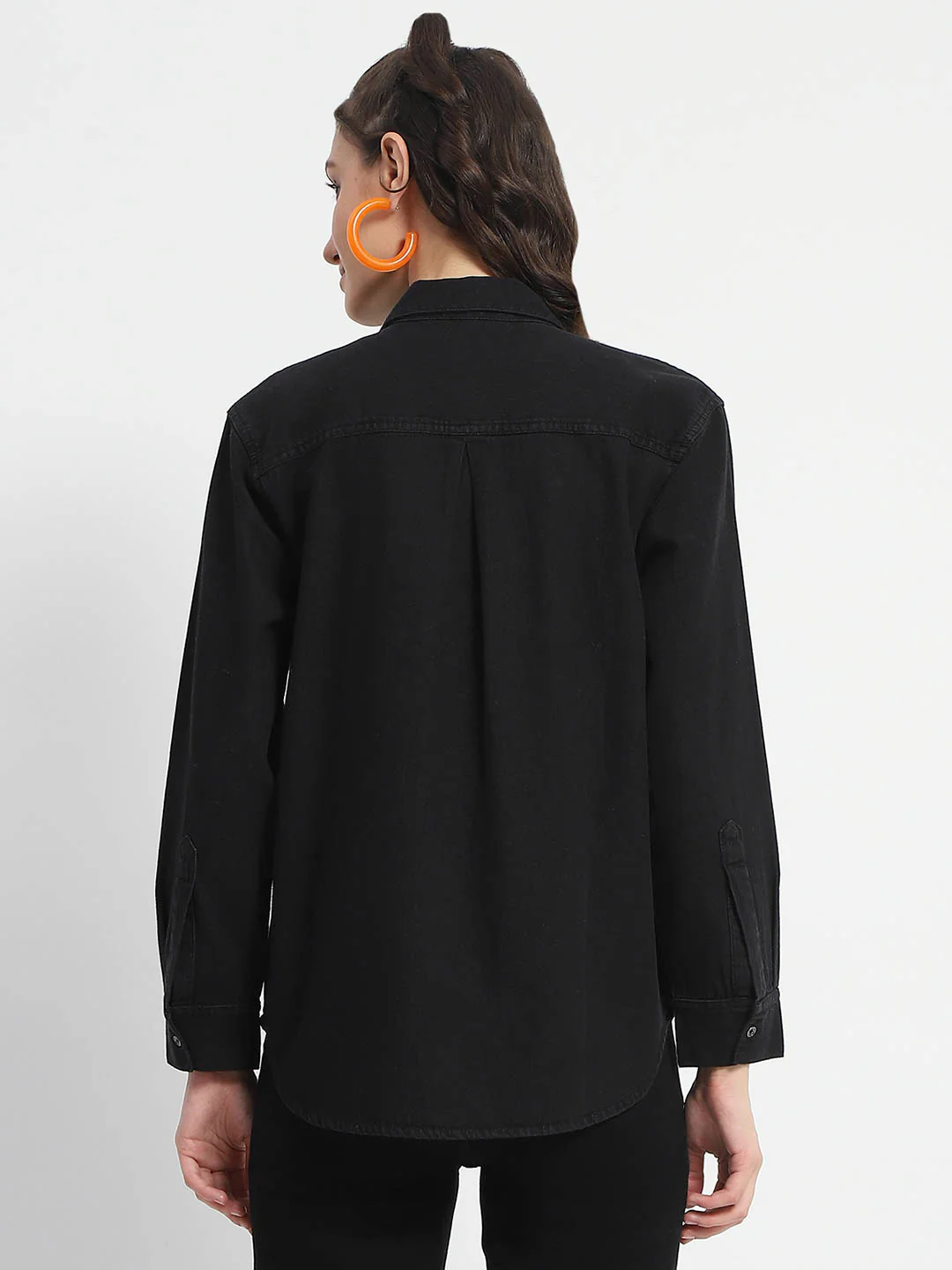 Madame Grey Wash Solid Black Button Down Denim Shirt - Image 6