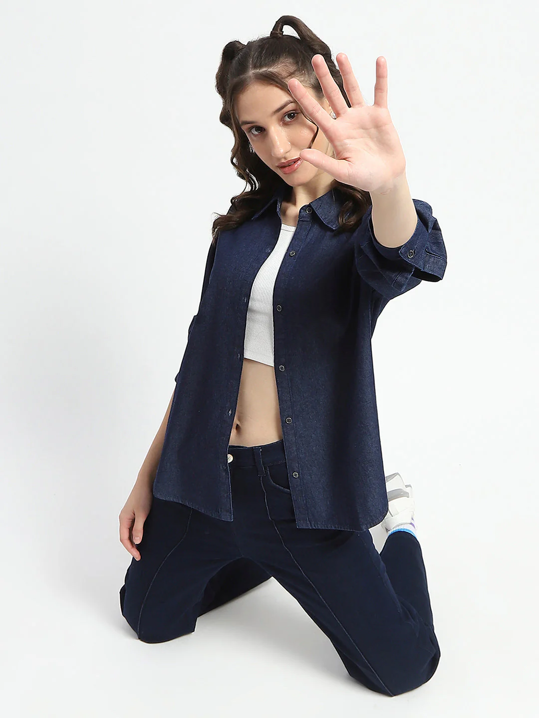 Madame Blue Wash Solid Blue Button Down Denim Shirt