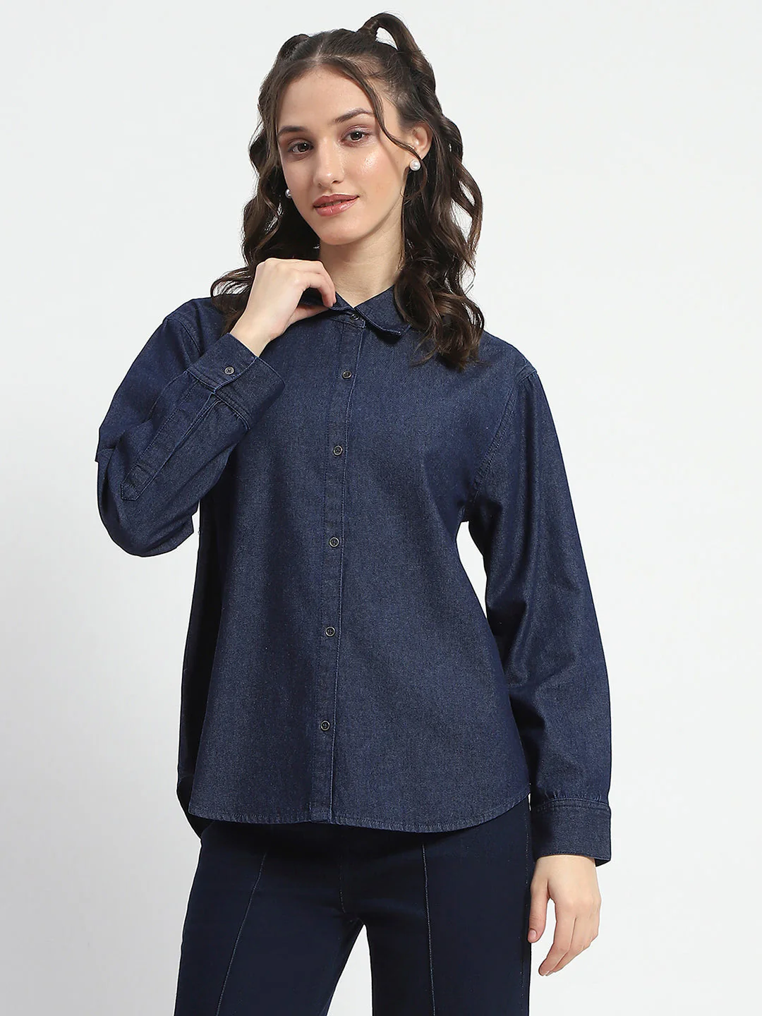 Madame Blue Wash Solid Blue Button Down Denim Shirt - Image 3
