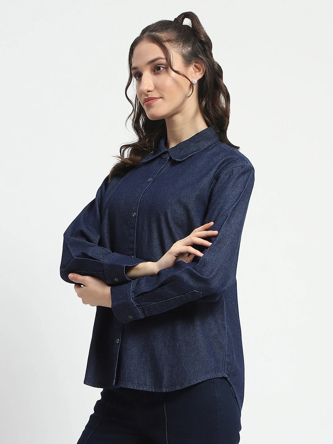 Madame Blue Wash Solid Blue Button Down Denim Shirt - Image 4