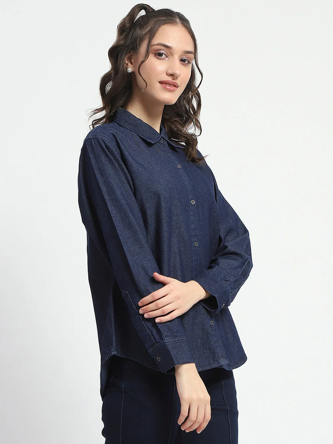 Madame Blue Wash Solid Blue Button Down Denim Shirt - Image 5