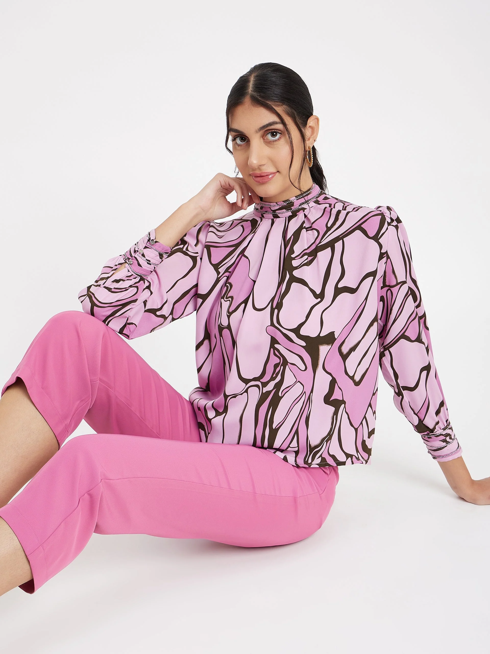 Madame Embellished Butterfly Print Mock Neck Mauve Top - Image 2