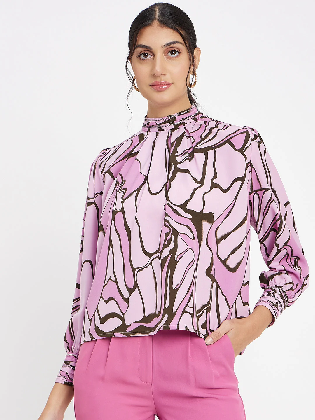 Madame Embellished Butterfly Print Mock Neck Mauve Top - Image 3