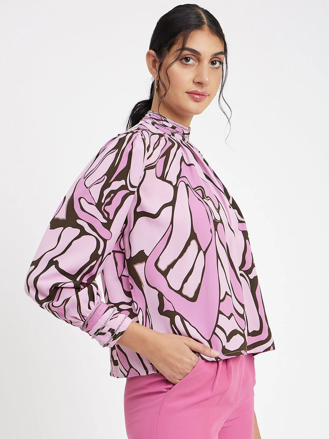 Madame Embellished Butterfly Print Mock Neck Mauve Top - Image 4
