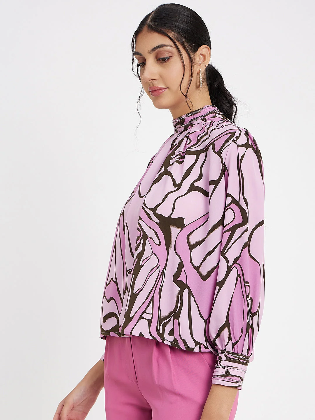 Madame Embellished Butterfly Print Mock Neck Mauve Top - Image 5