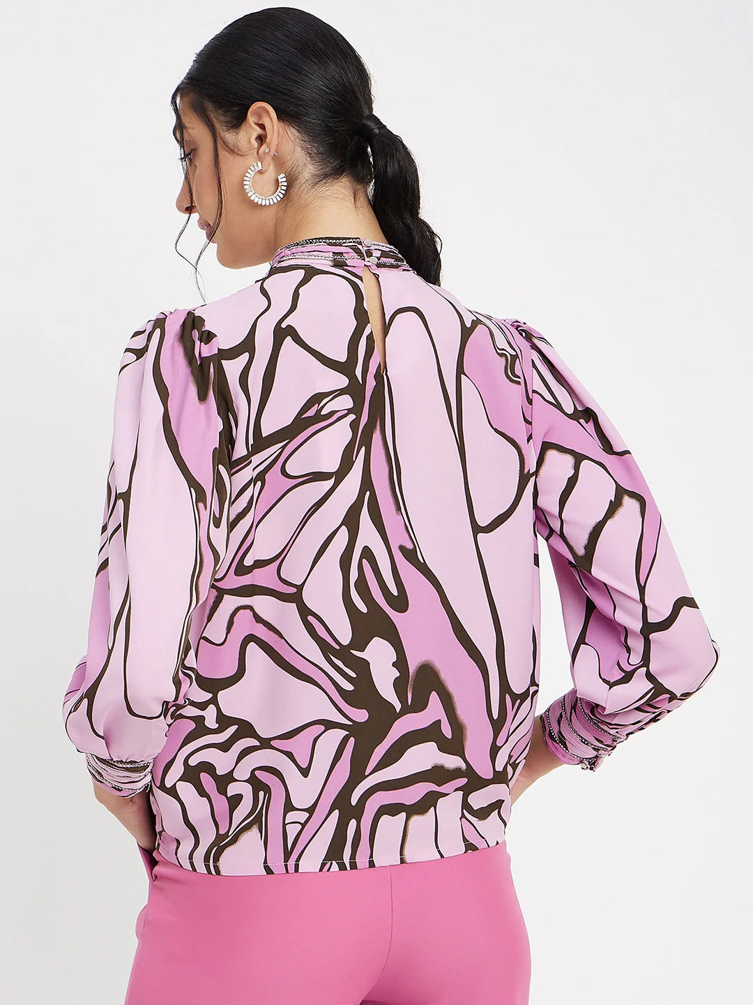 Madame Embellished Butterfly Print Mock Neck Mauve Top - Image 6