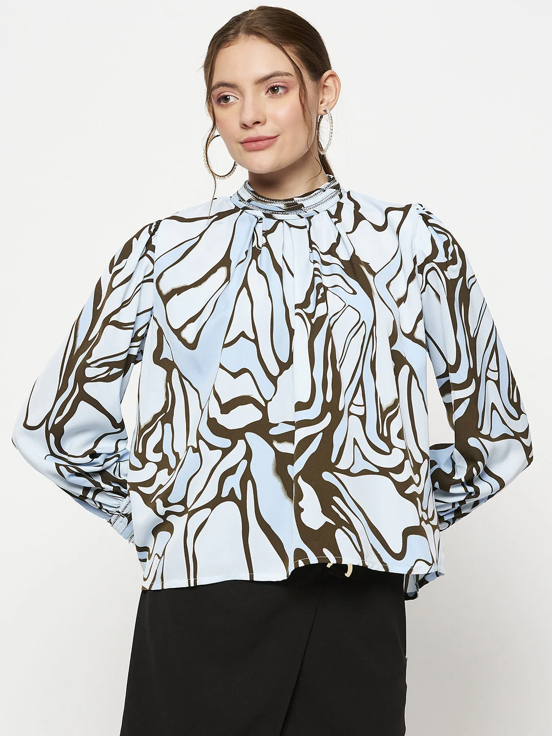 Madame Embellished Butterfly Print Sky Blue Mock Neck Top - Image 3