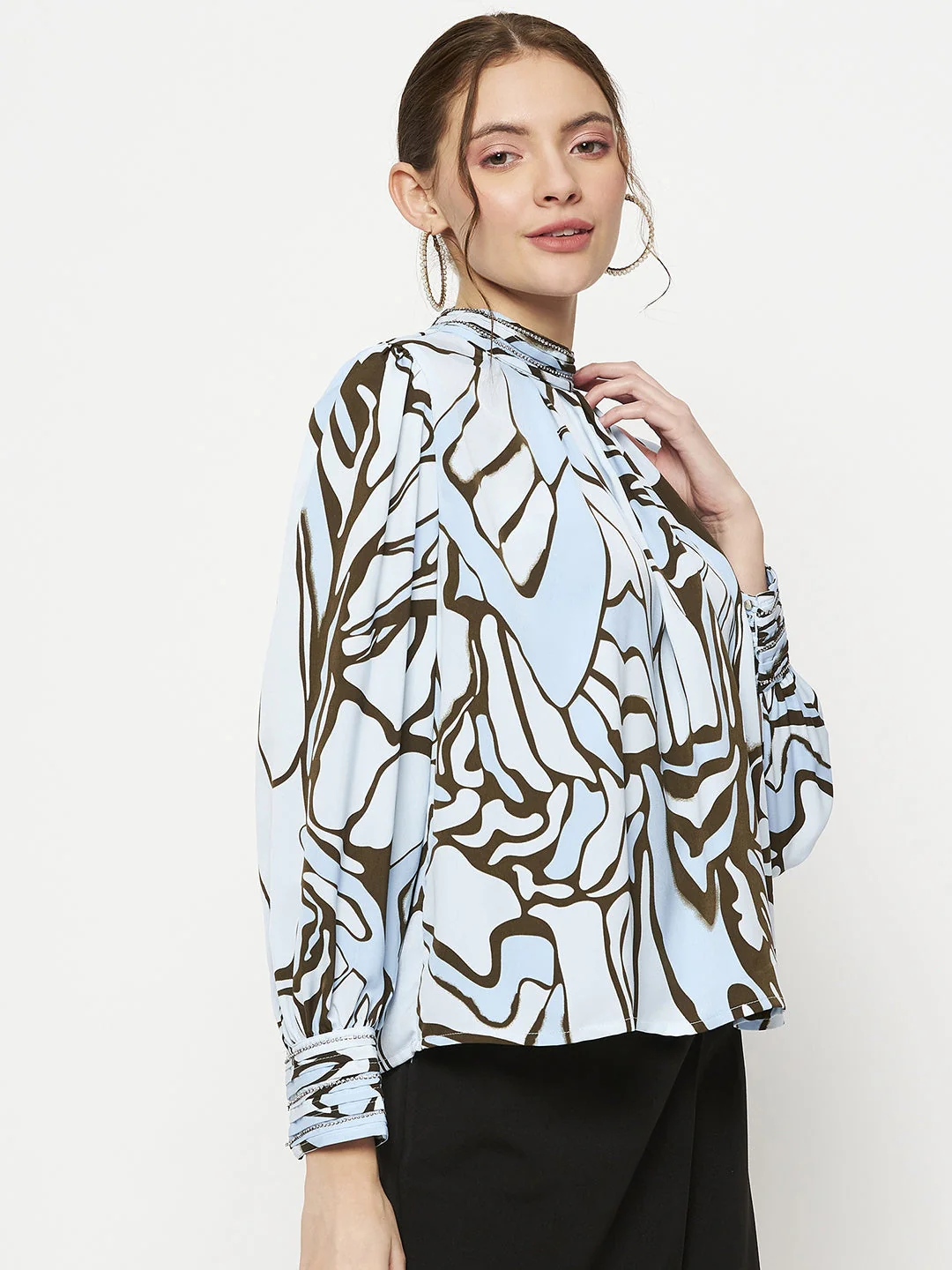 Madame Embellished Butterfly Print Sky Blue Mock Neck Top - Image 4
