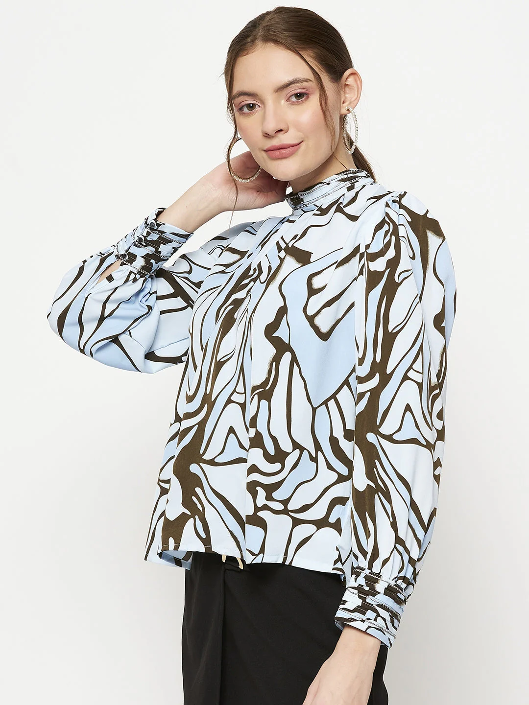 Madame Embellished Butterfly Print Sky Blue Mock Neck Top - Image 5