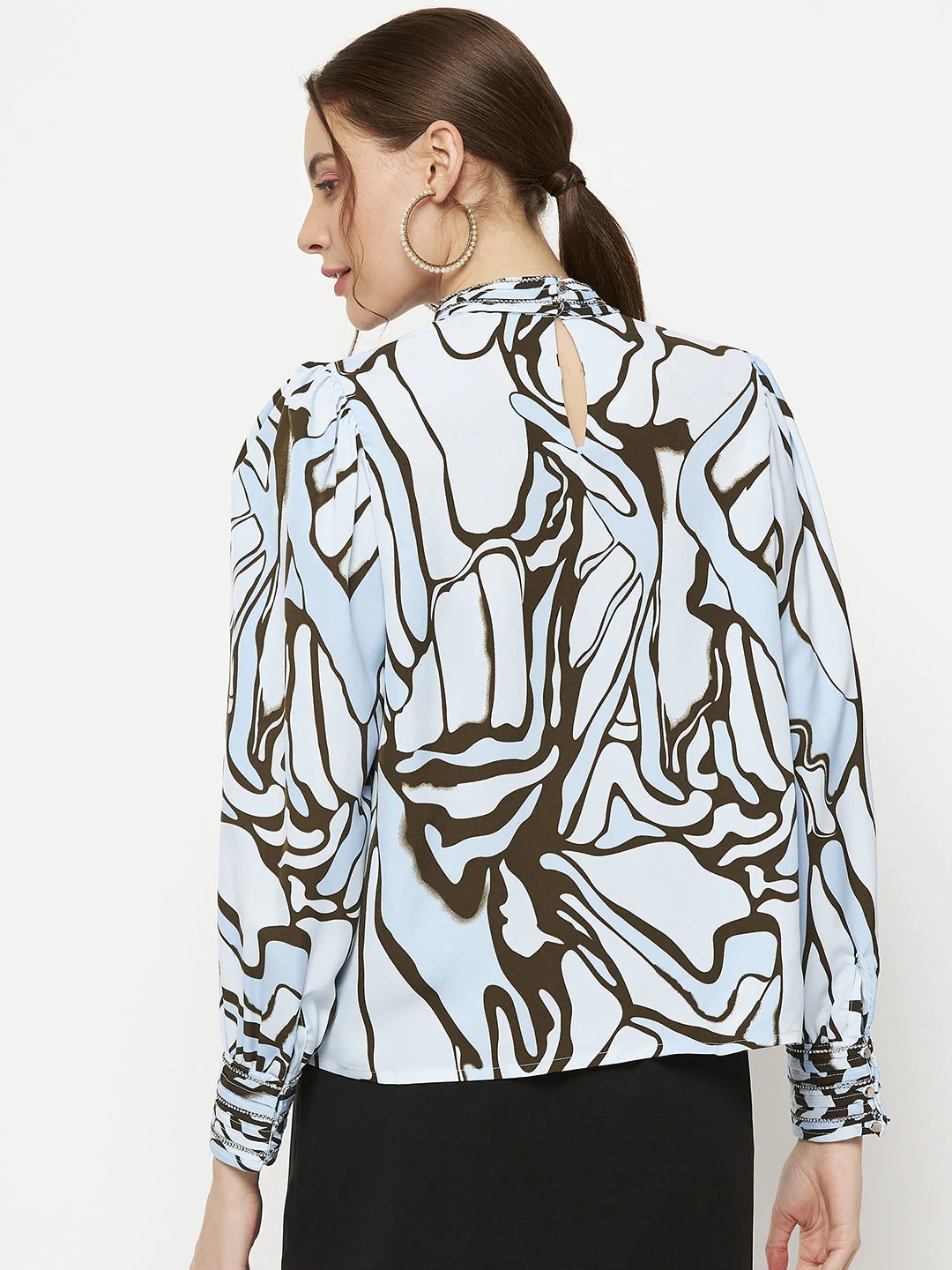 Madame Embellished Butterfly Print Sky Blue Mock Neck Top - Image 6