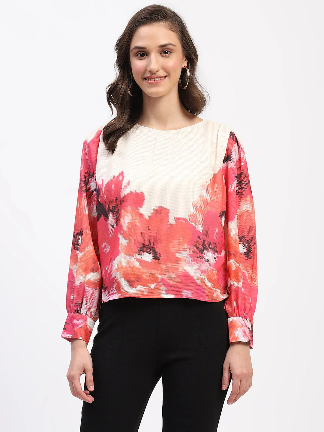 Madame Floral Print Cuff Sleeve Beige Top - Image 2