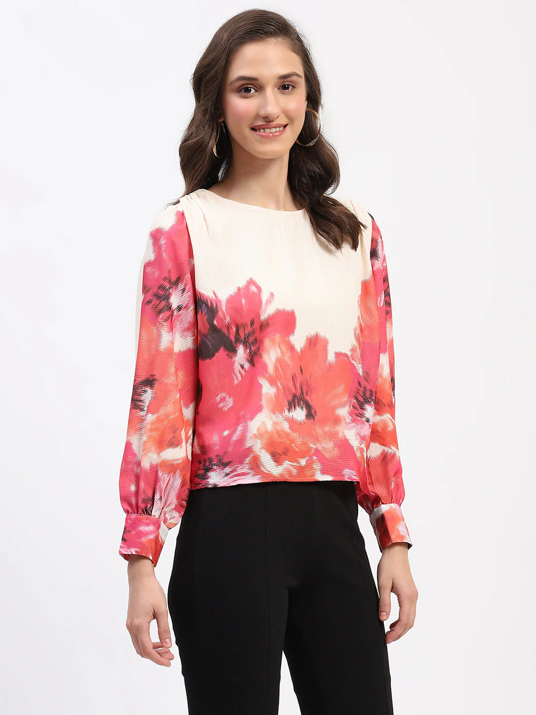 Madame Floral Print Cuff Sleeve Beige Top - Image 3