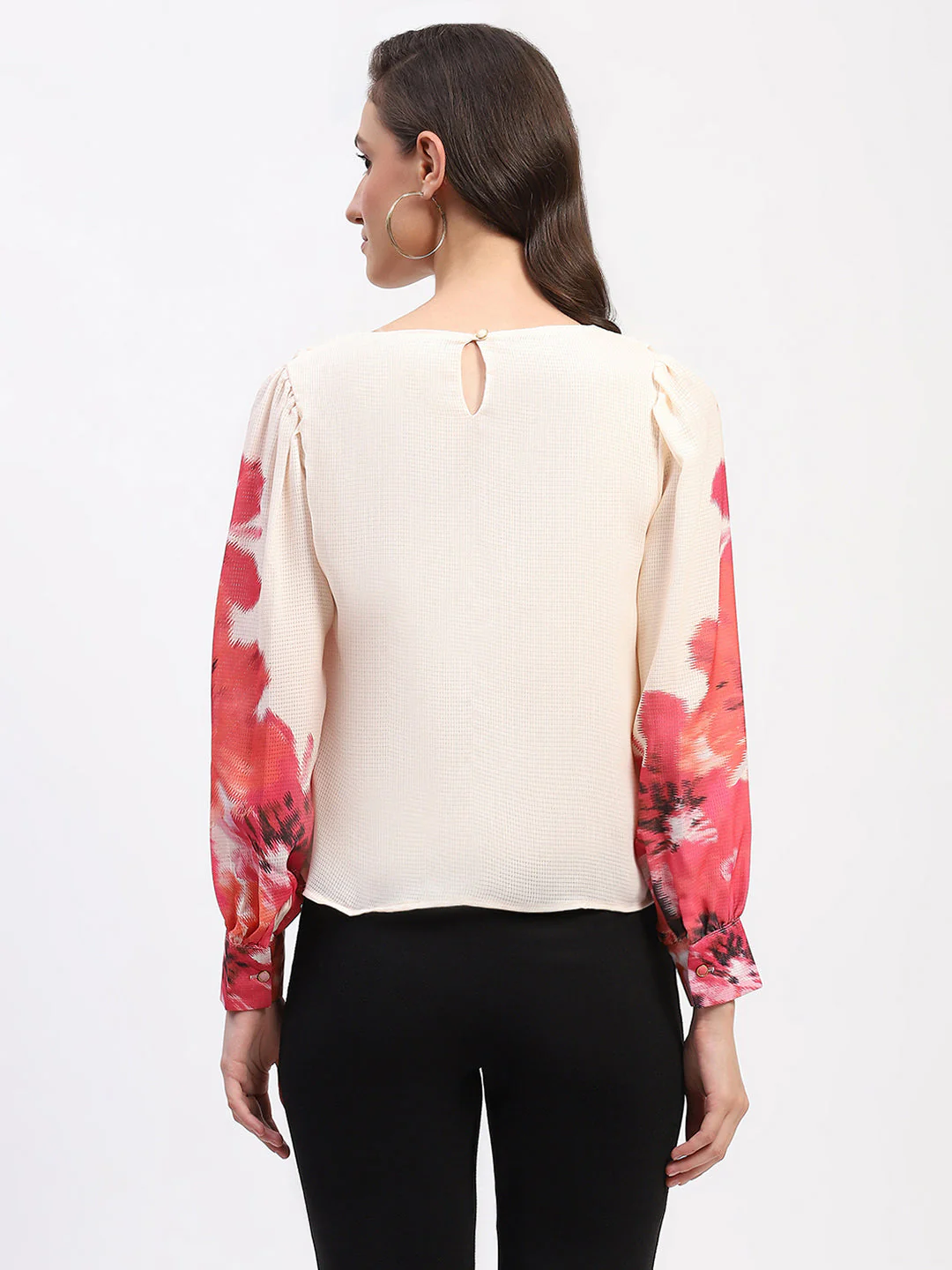 Madame Floral Print Cuff Sleeve Beige Top - Image 5