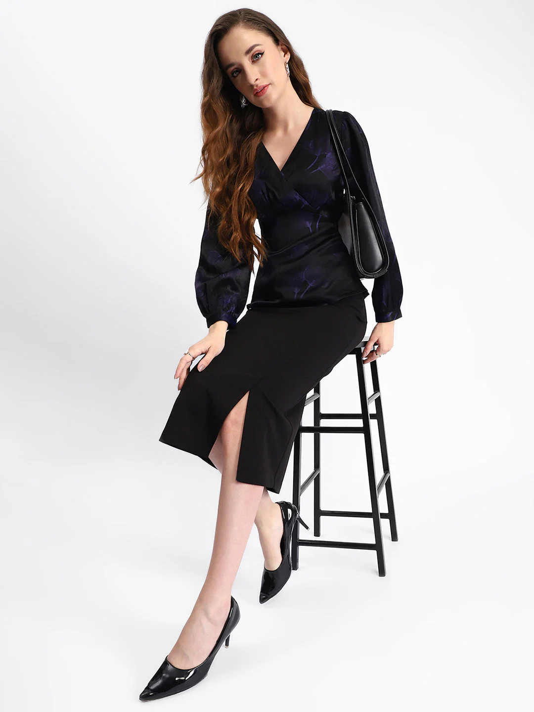 Madame Self Design Wrap Style Front Bishop Sleeve Black Top - Image 2