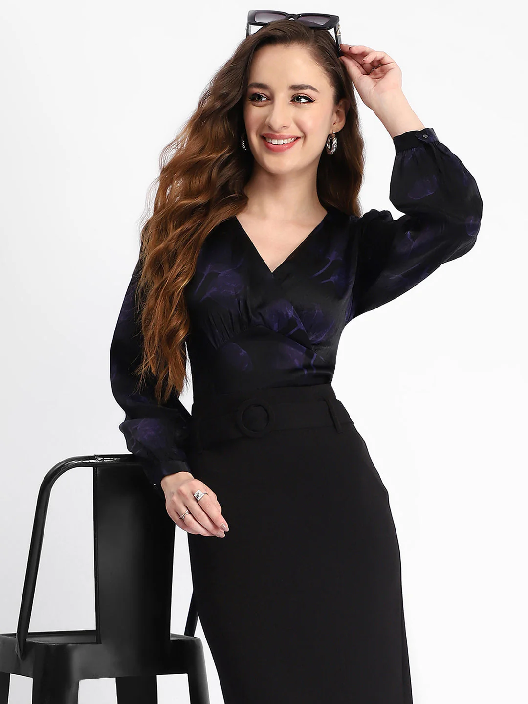 Madame Self Design Wrap Style Front Bishop Sleeve Black Top - Image 3