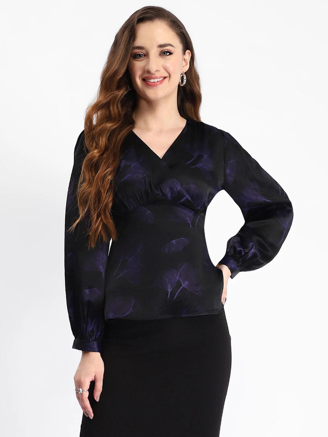 Madame Self Design Wrap Style Front Bishop Sleeve Black Top - Image 4