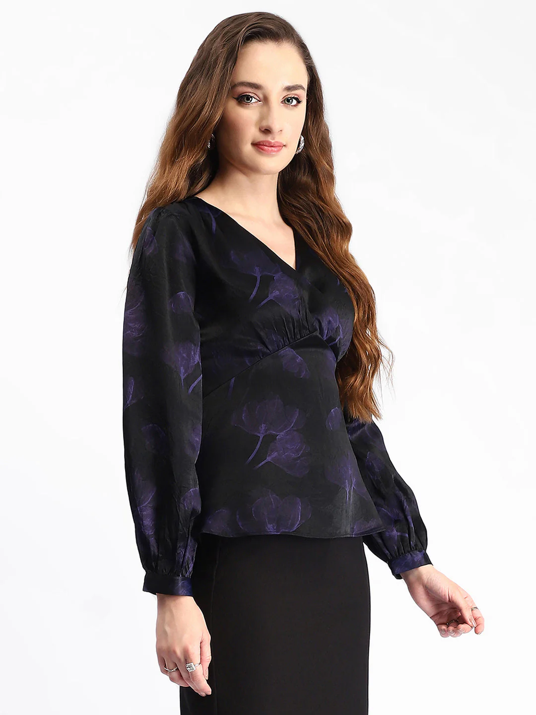 Madame Self Design Wrap Style Front Bishop Sleeve Black Top - Image 5