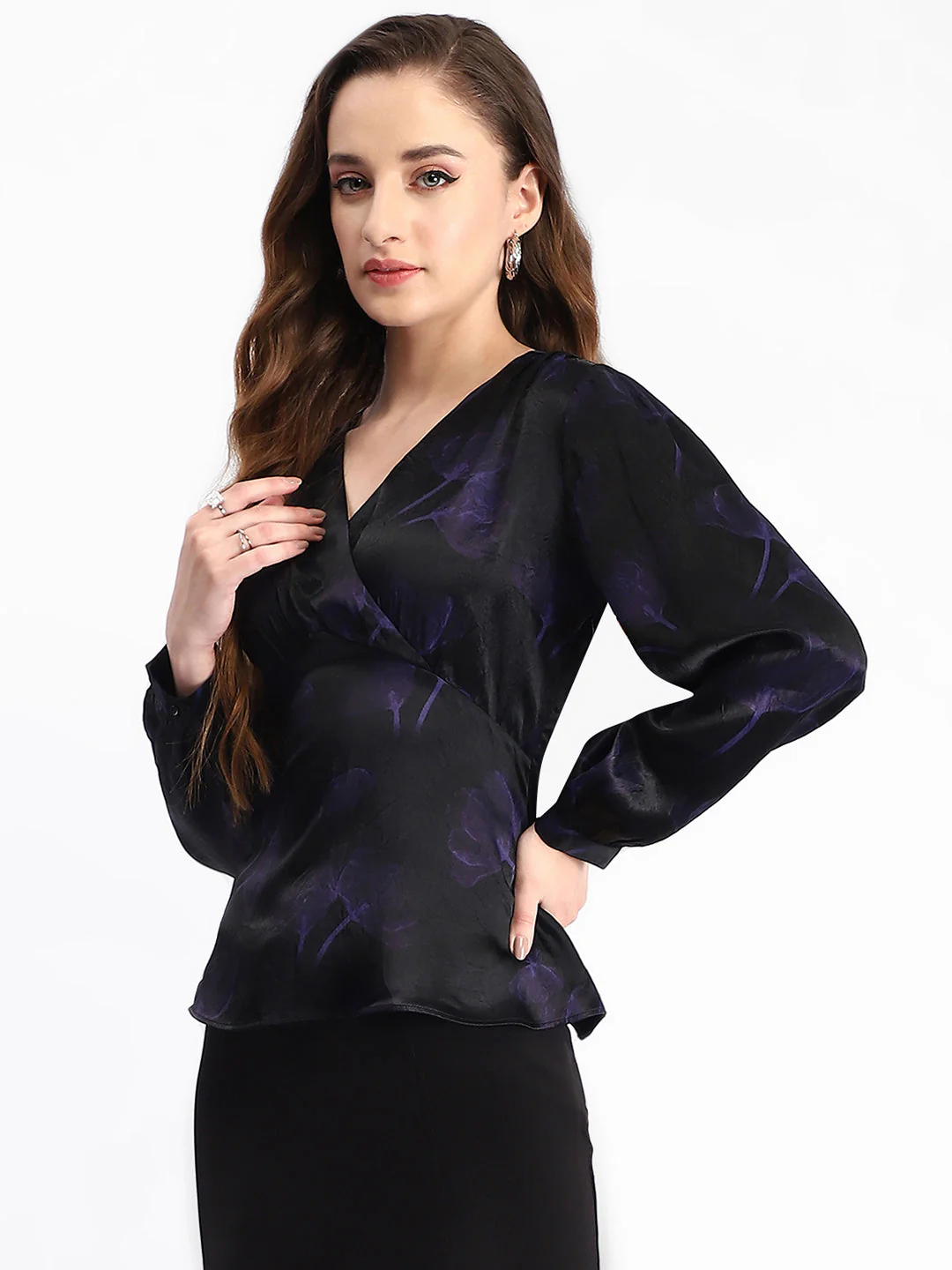 Madame Self Design Wrap Style Front Bishop Sleeve Black Top - Image 6