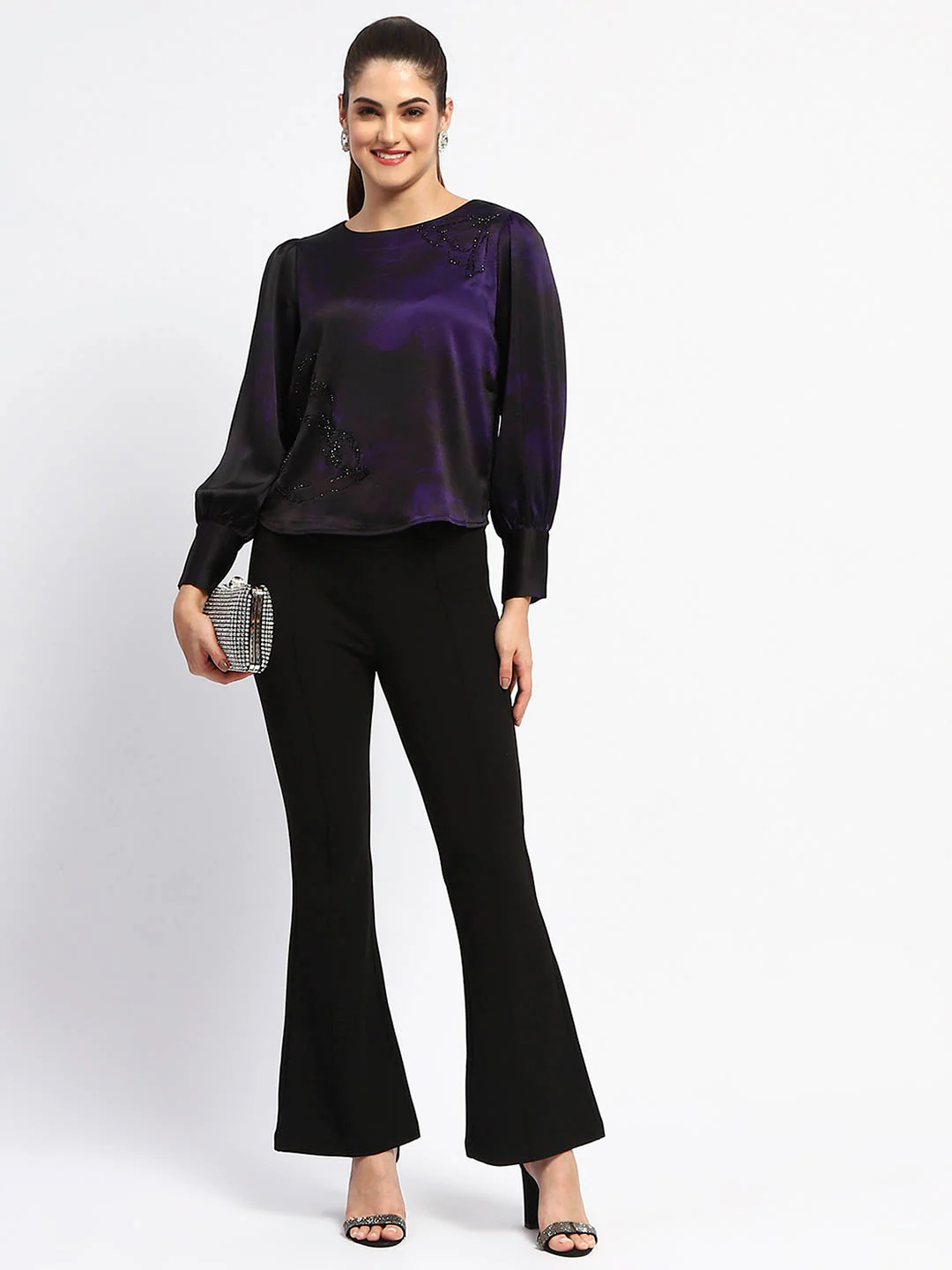 Madame Boat Neck Cuff Sleeve Abstract Print Black Top - Image 2
