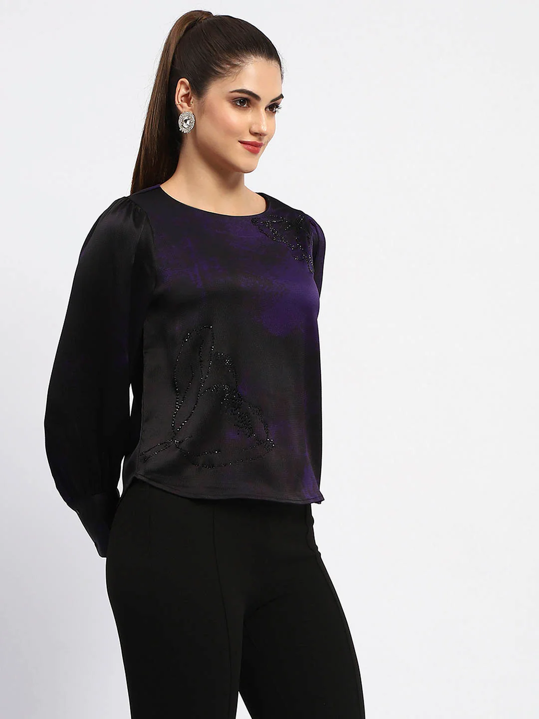 Madame Boat Neck Cuff Sleeve Abstract Print Black Top - Image 3