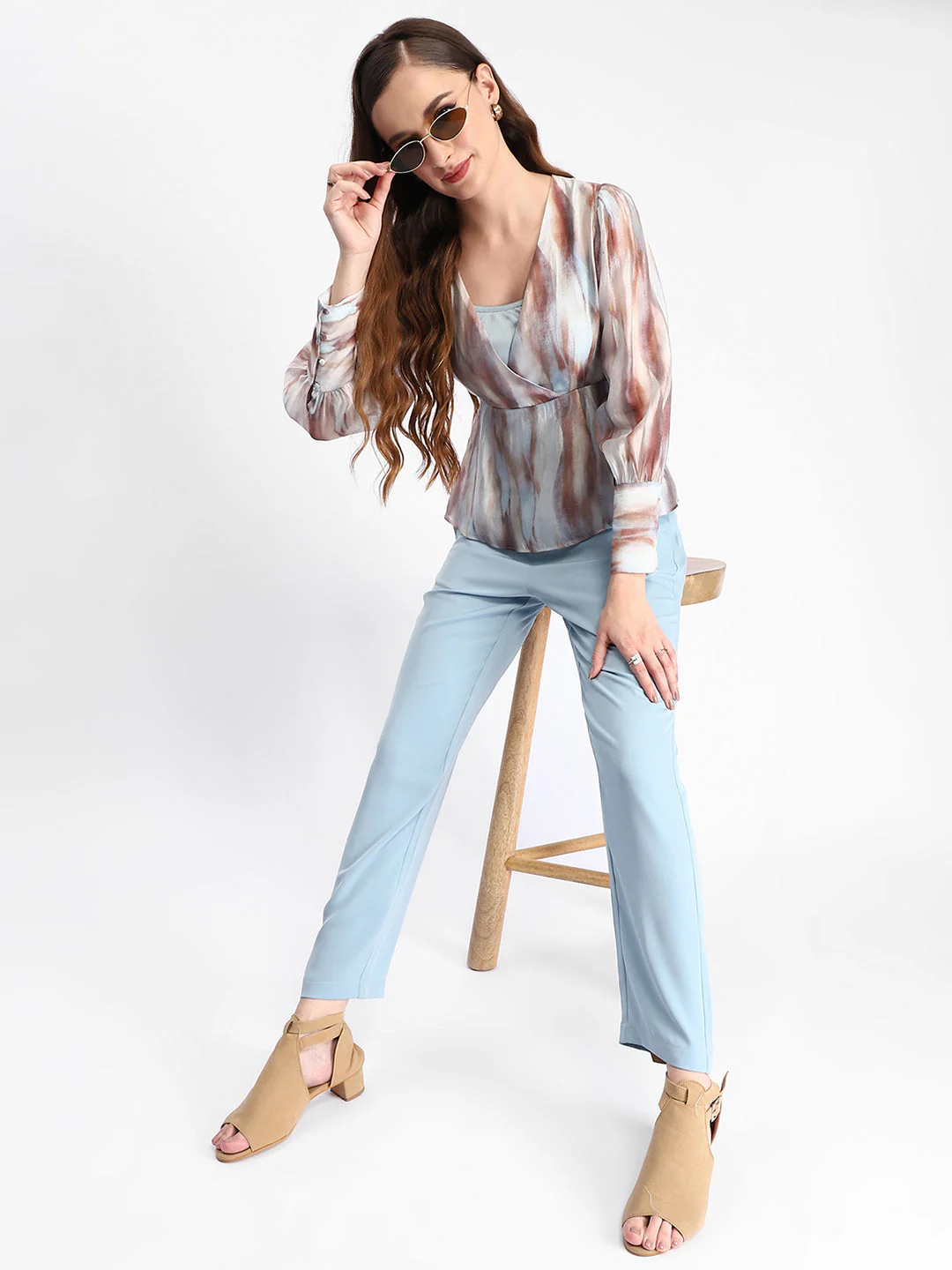 Madame Abstract Print Cuff Sleeved Sky Blue Peplum Top