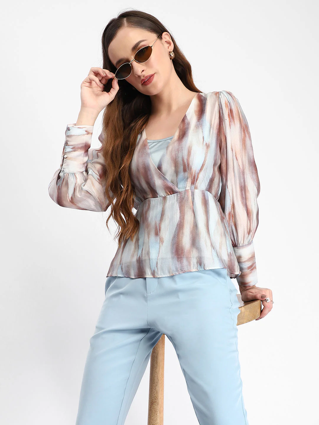 Madame Abstract Print Cuff Sleeved Sky Blue Peplum Top - Image 2