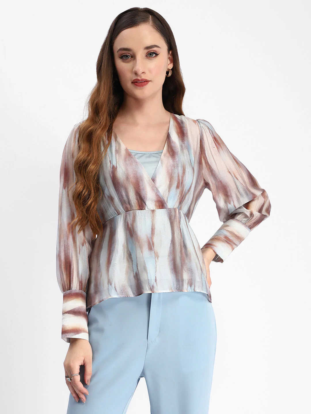 Madame Abstract Print Cuff Sleeved Sky Blue Peplum Top - Image 3