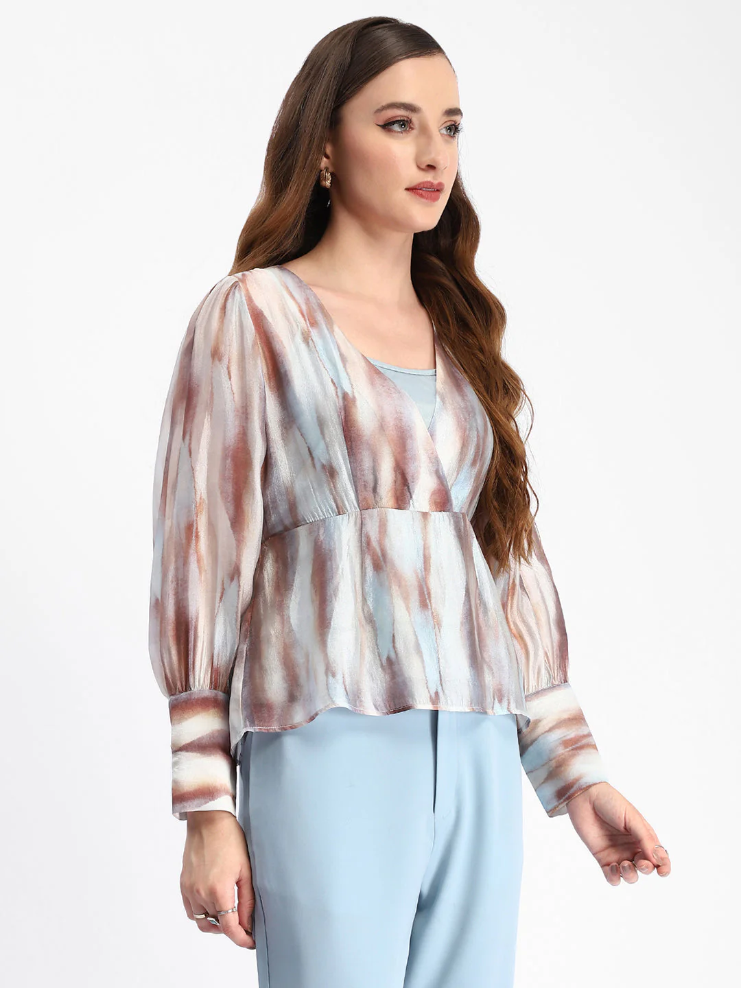 Madame Abstract Print Cuff Sleeved Sky Blue Peplum Top - Image 4