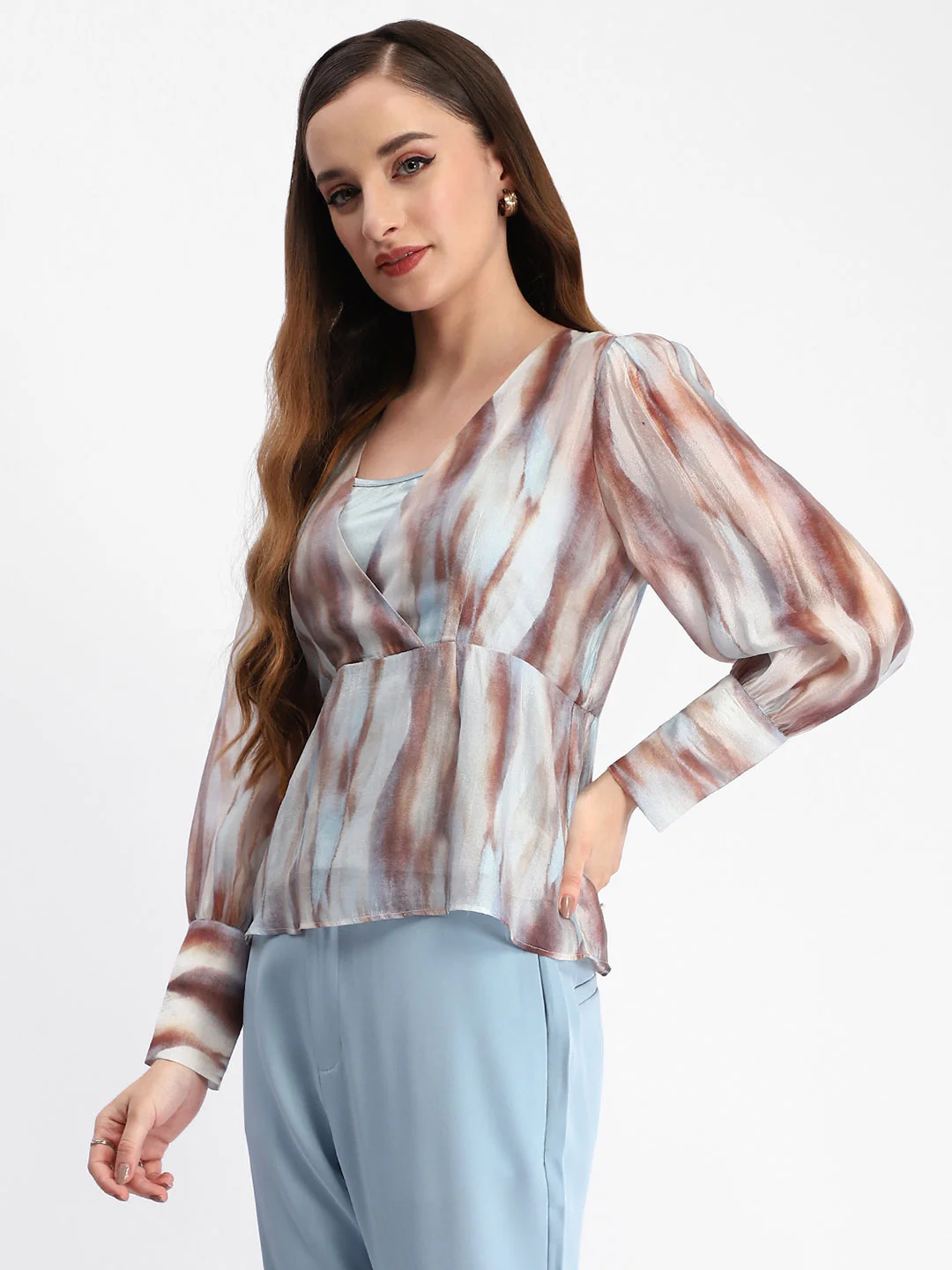 Madame Abstract Print Cuff Sleeved Sky Blue Peplum Top - Image 5