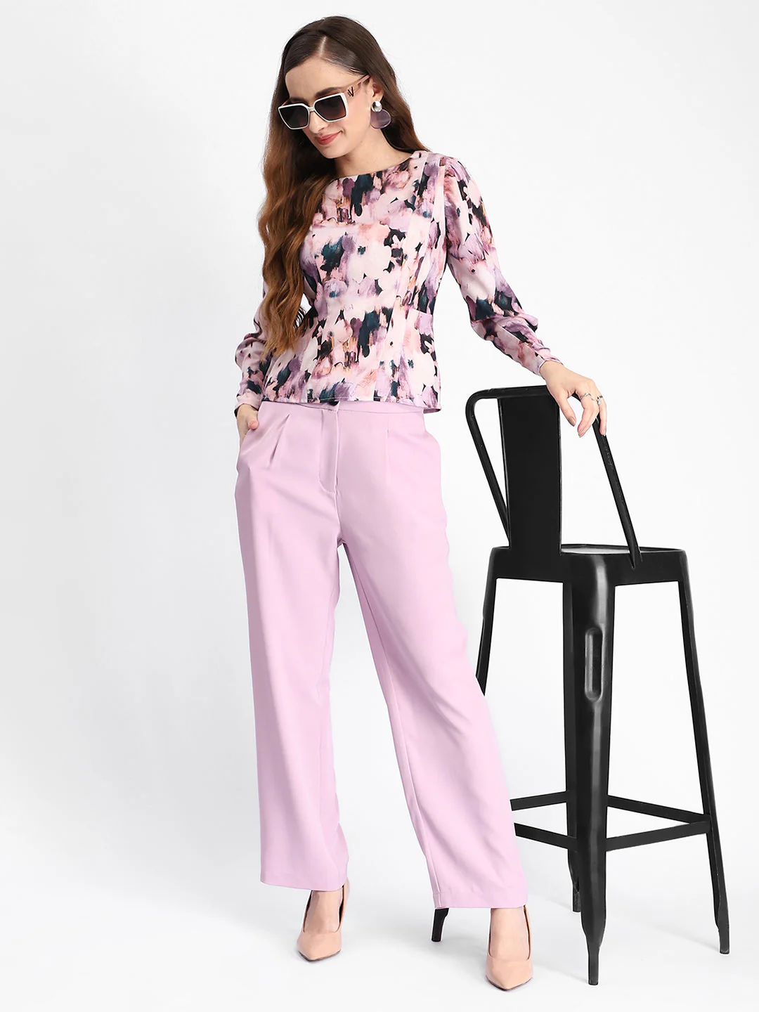 Madame Floral Print Full Sleeve Mauve Rayon Blend Top - Image 2