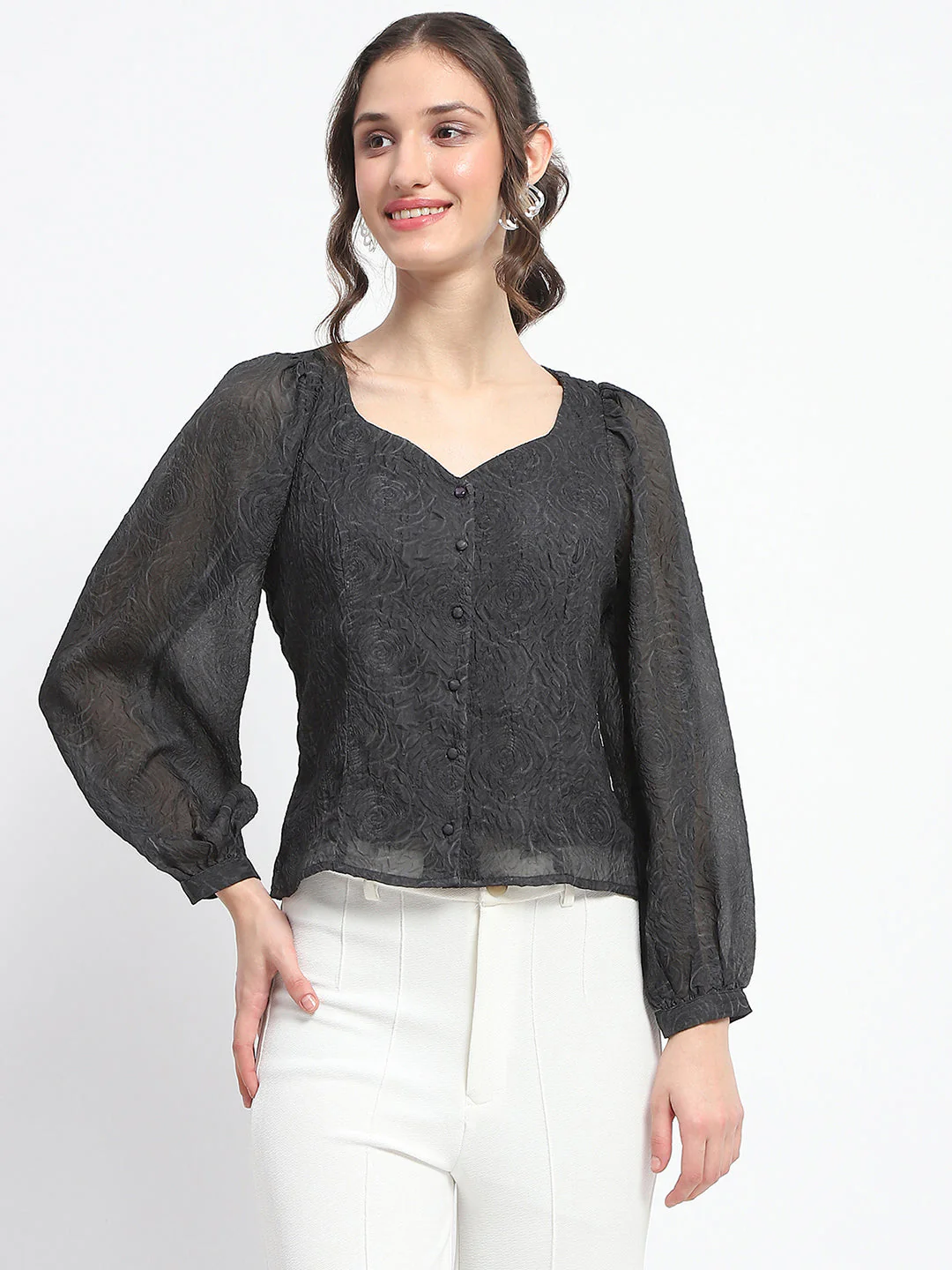 Madame Floral Print Queen Anne Neck Buttoned Black Top - Image 3