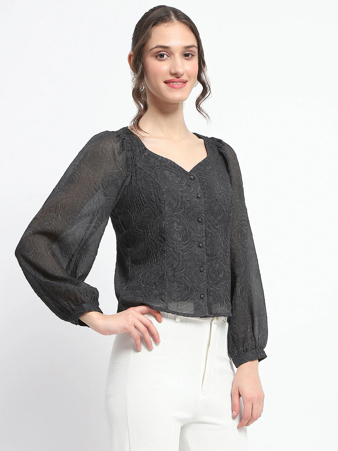 Madame Floral Print Queen Anne Neck Buttoned Black Top - Image 4