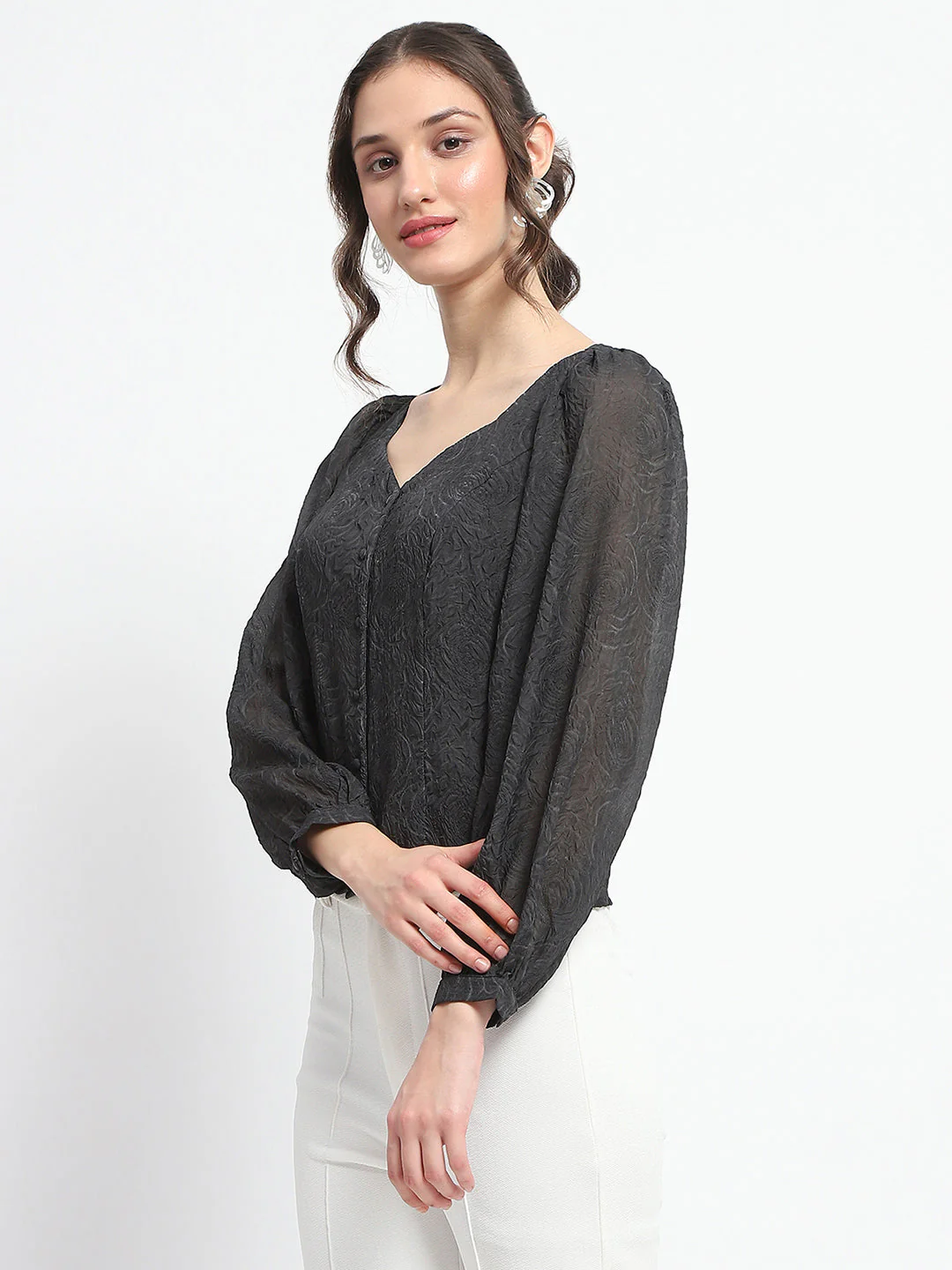 Madame Floral Print Queen Anne Neck Buttoned Black Top - Image 5