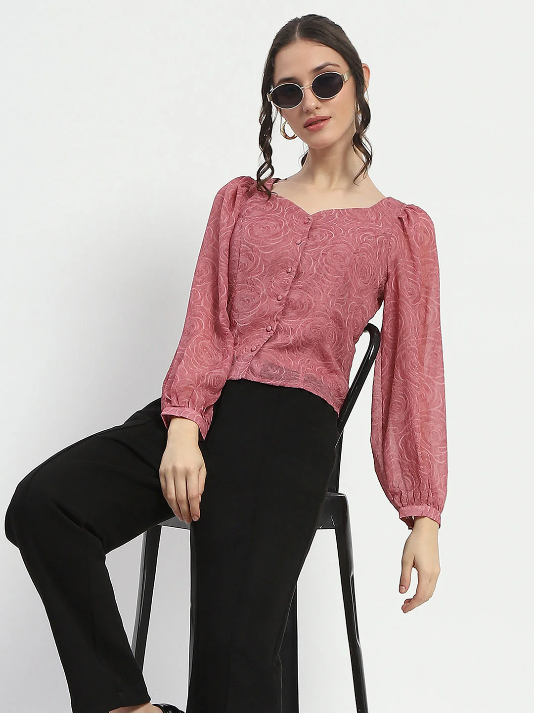 Madame Floral Print Queen Anne Neck Buttoned Pink Top - Image 2