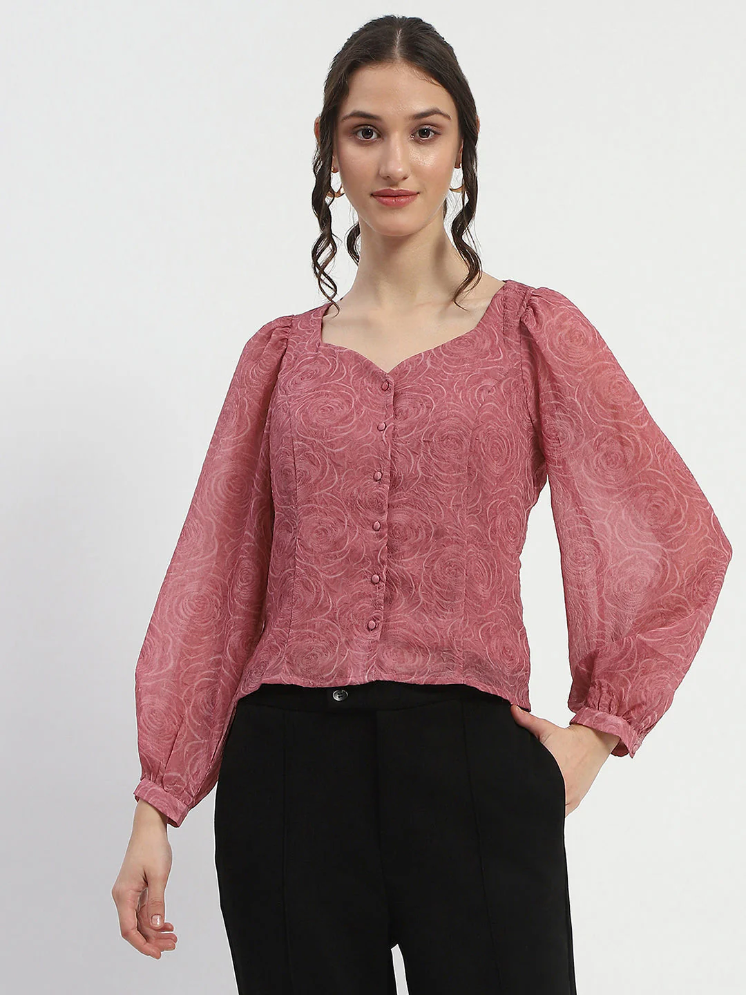 Madame Floral Print Queen Anne Neck Buttoned Pink Top - Image 3