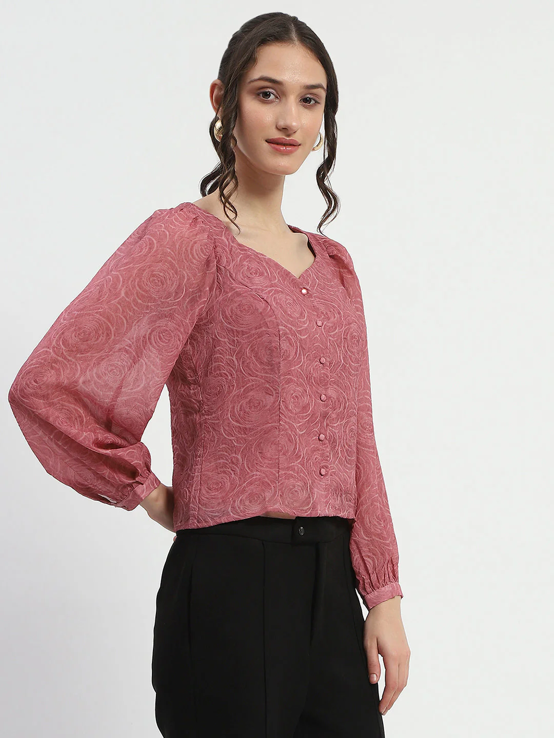 Madame Floral Print Queen Anne Neck Buttoned Pink Top - Image 4