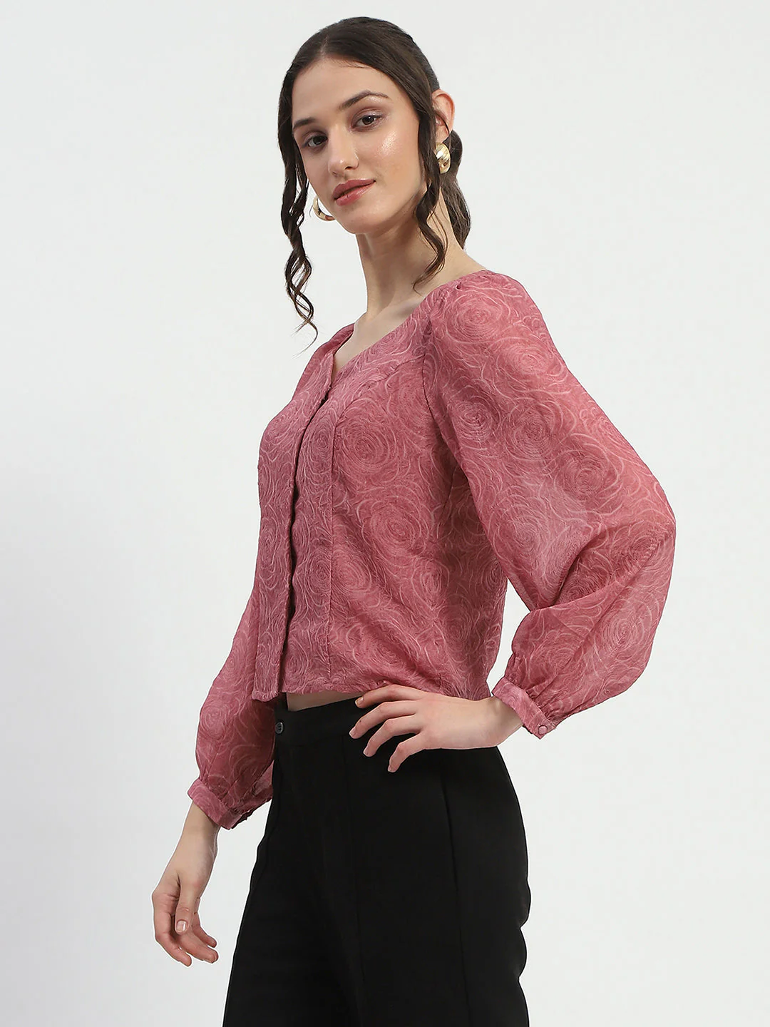 Madame Floral Print Queen Anne Neck Buttoned Pink Top - Image 5